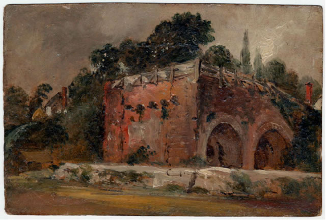 A Lime Kiln with Lime Kiln Cottages beyond, beside the River Stour, between Dedham and Stratford St Mary
